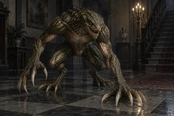 Clawed reptilian humanoid crouches in a dim mansion.