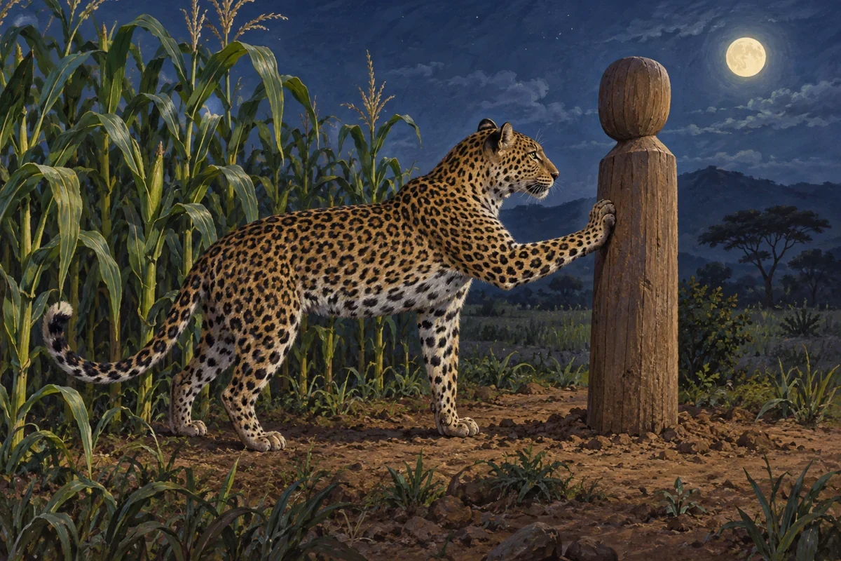 AI interpretation of the Nkondi’s first-paw capture. Wood form, leopard and maize setting imagined; not an authentic ritual artifact.