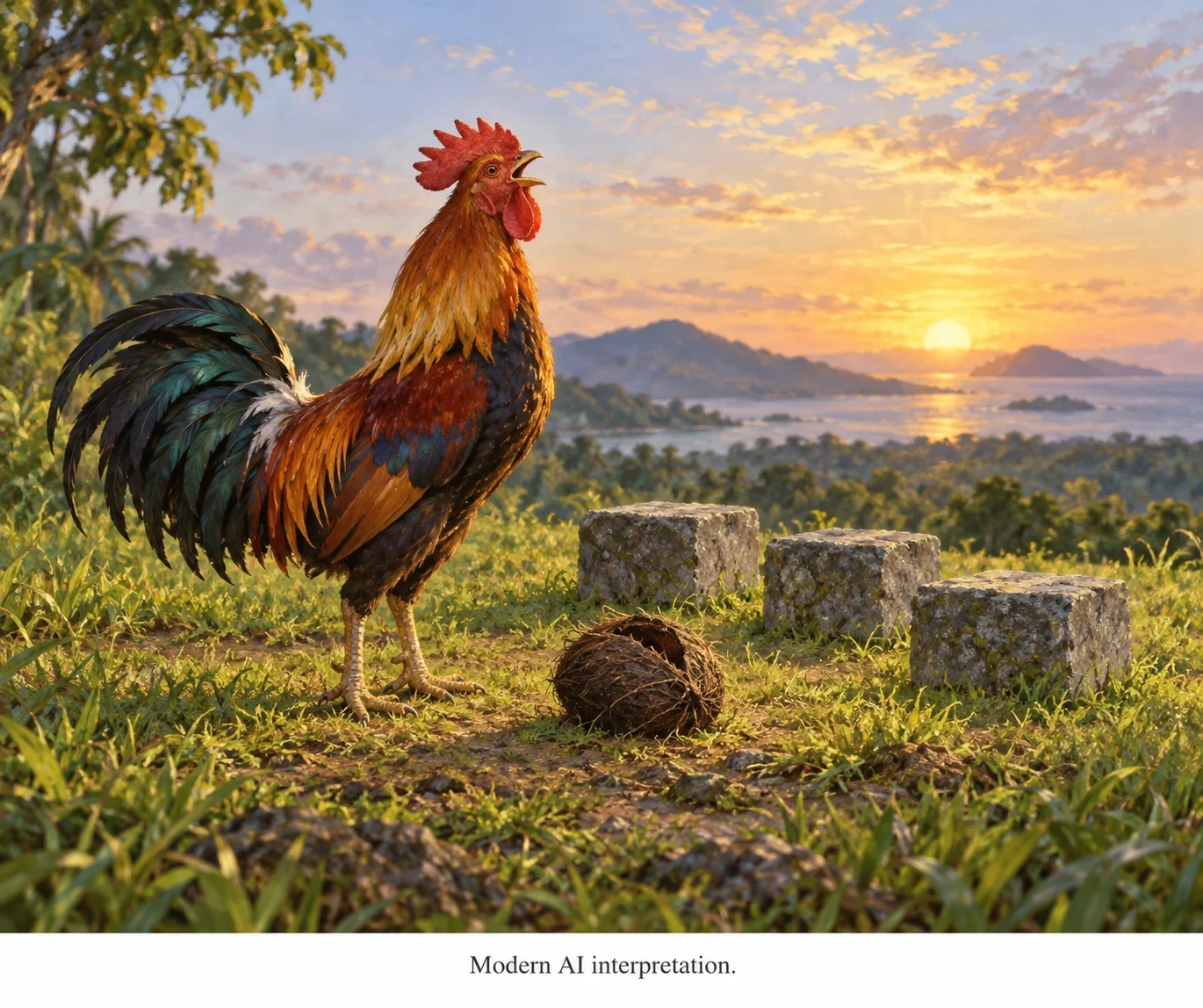 AI interpretation of Medechii Belau’s rooster trick.