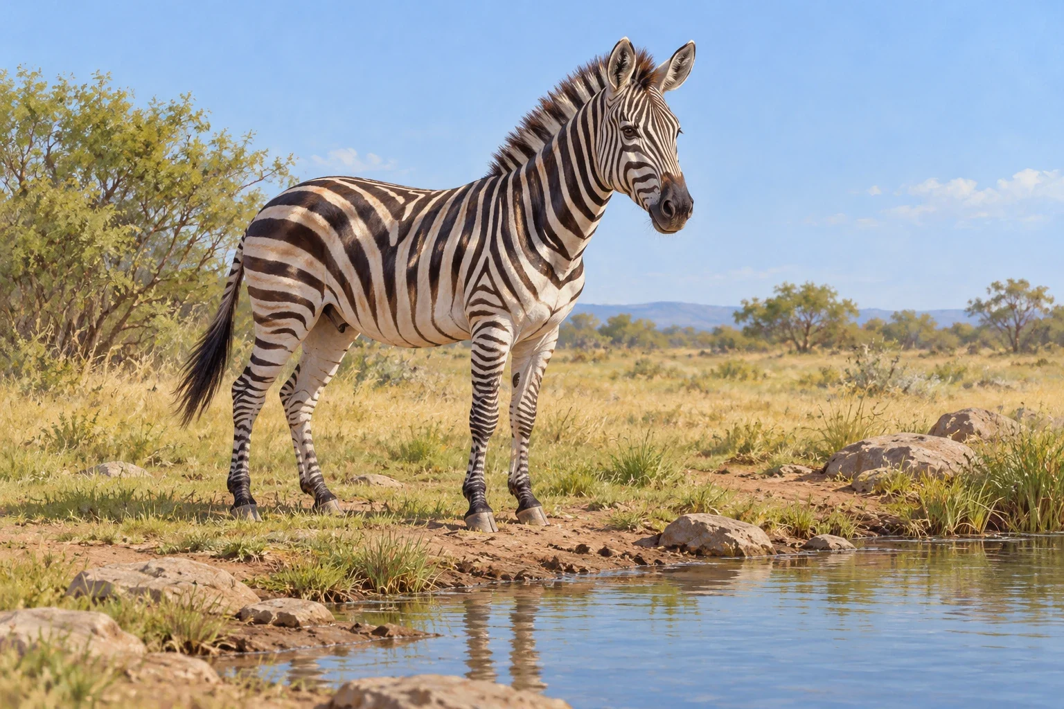 A complete zebra stands beside a quiet waterhole
