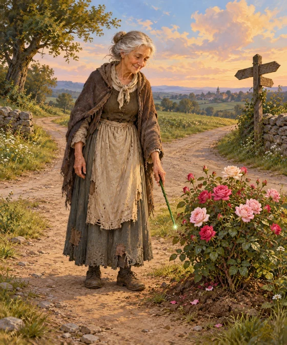 AI-generated elderly godmother with a green wand beside a flowering rosebush
