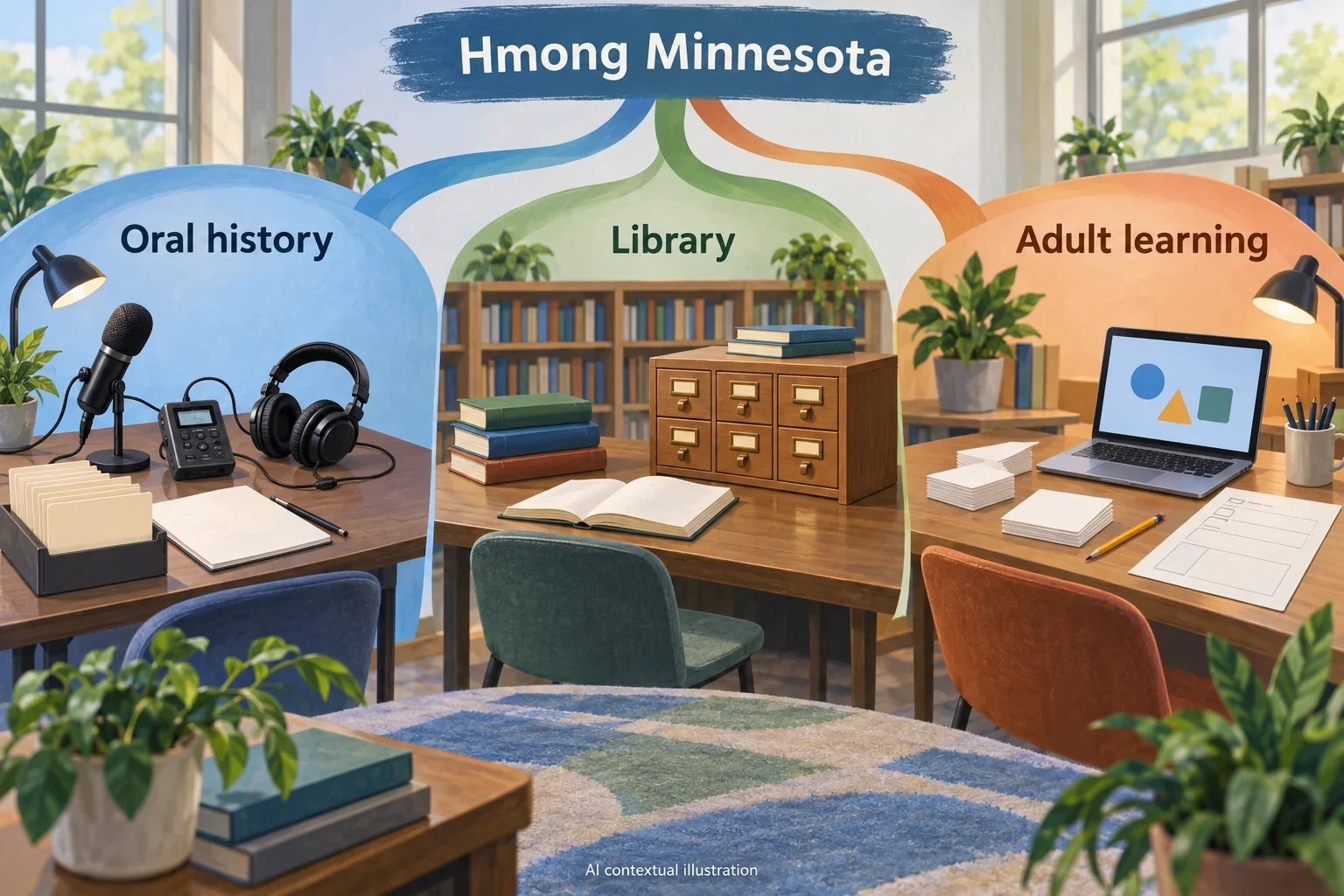 AI concept of Minnesota Hmong oral-history listening, library research and adult learning.