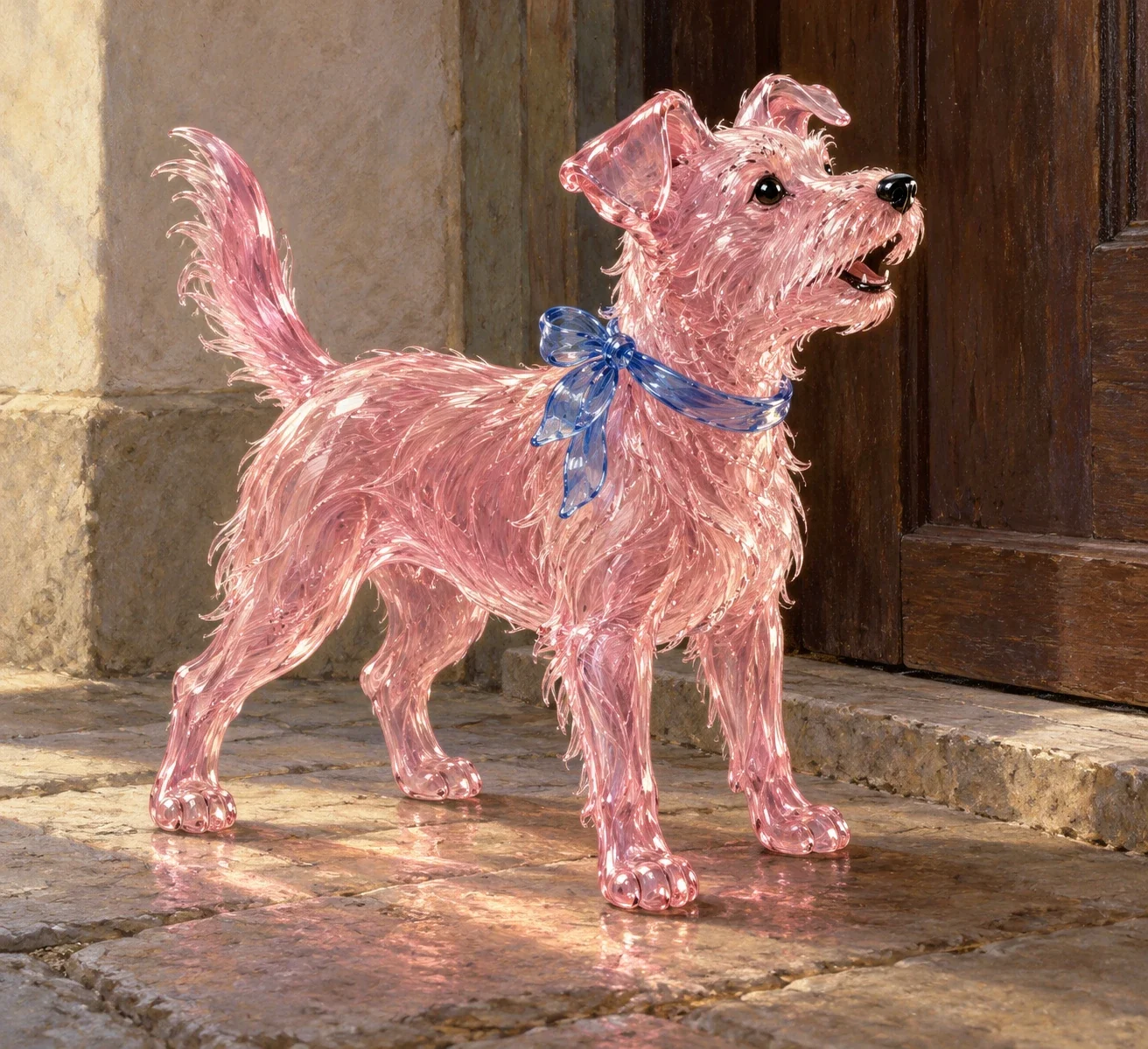 A pink spun-glass dog with black glass eyes and a blue glass neck ribbon