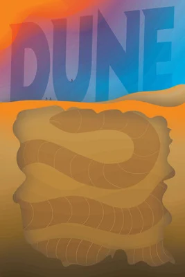 Joseph Haley’s orange and blue Dune poster shows a brown segmented sandworm coiled beneath the word DUNE, with orange desert dunes behind it.