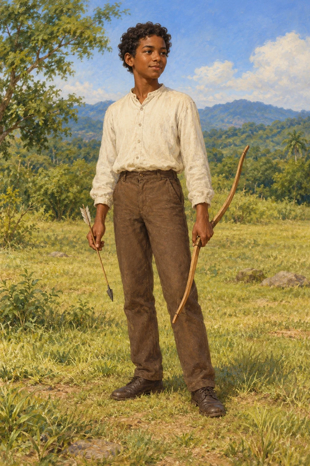 AI interpretation of Sammy the Comferee holding an unstrung bow and lowered arrow.