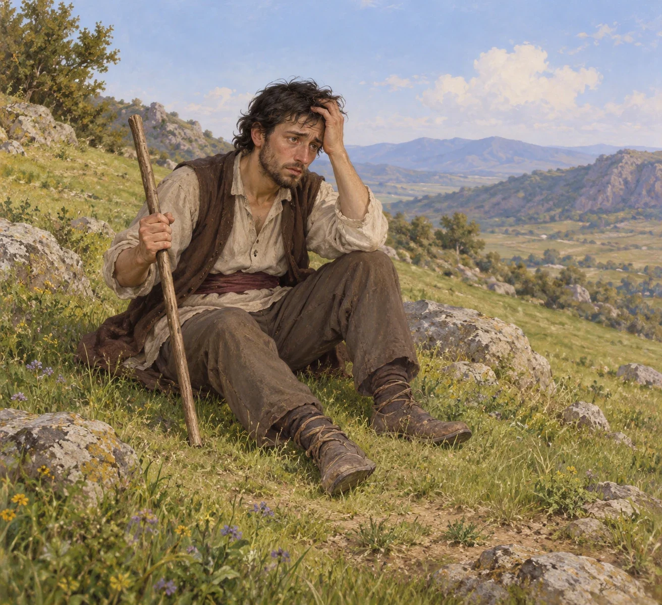 A seated adult traveller rests in a pasture with a plain walking stick