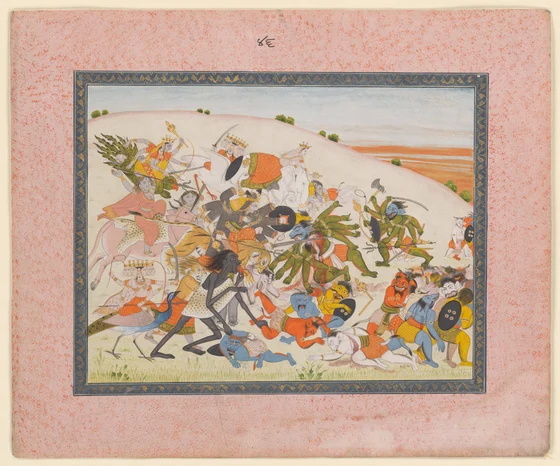 Durga on a tiger and allied goddesses attack a demon army. At upper right a green many-armed demon with a blue face charges toward her with raised weapons; another similar demon is struck in the centre.