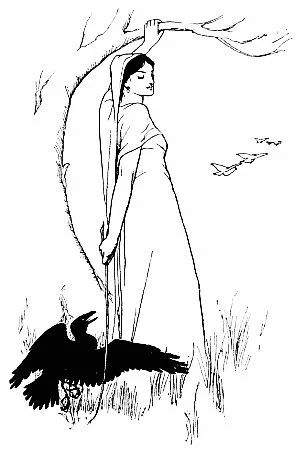 Niall in raven form beside his wife in Batten’s Morraha illustration, 1895
