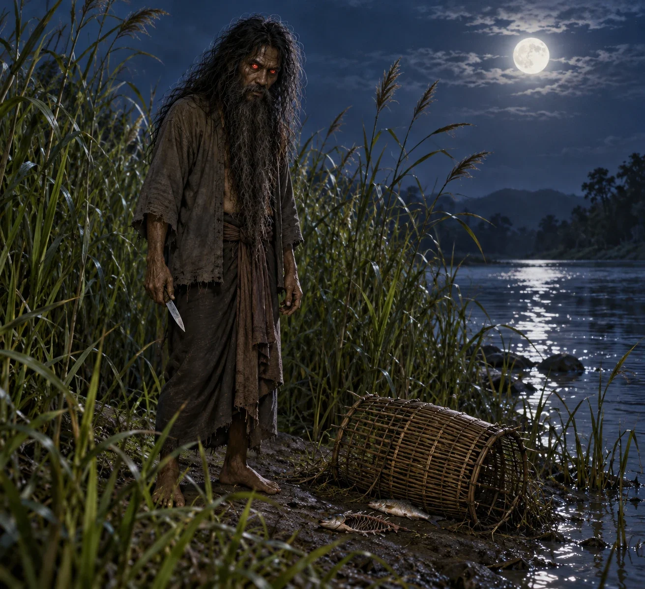 AI-generated unnamed red-eyed hantu beside a river fish trap, holding a small blade downward
