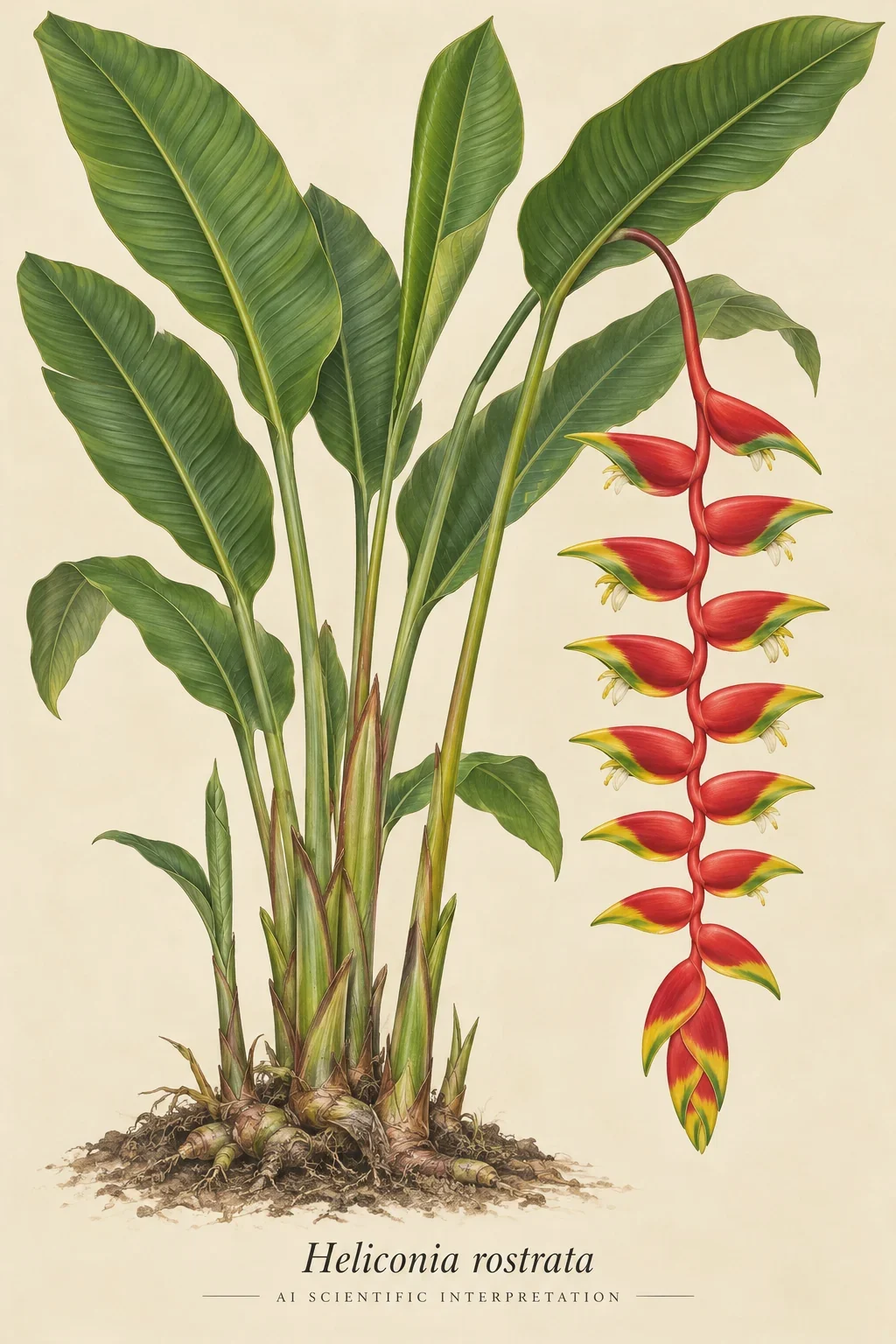 AI illustration of pendant red bracts and paddle leaves.