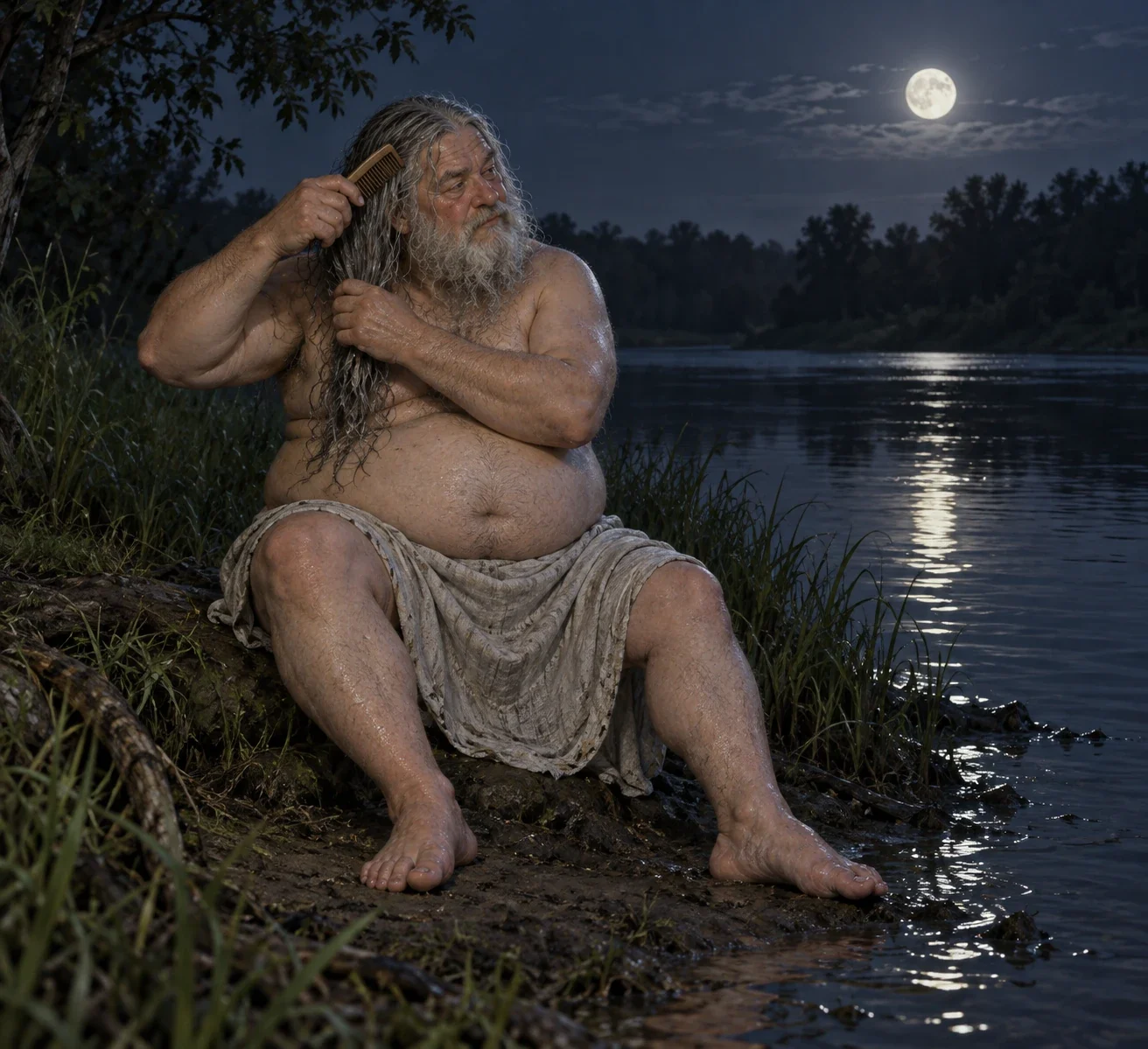 Interpretation of Ralston’s Vodyany as a heavyset old man combing his hair beside moonlit water