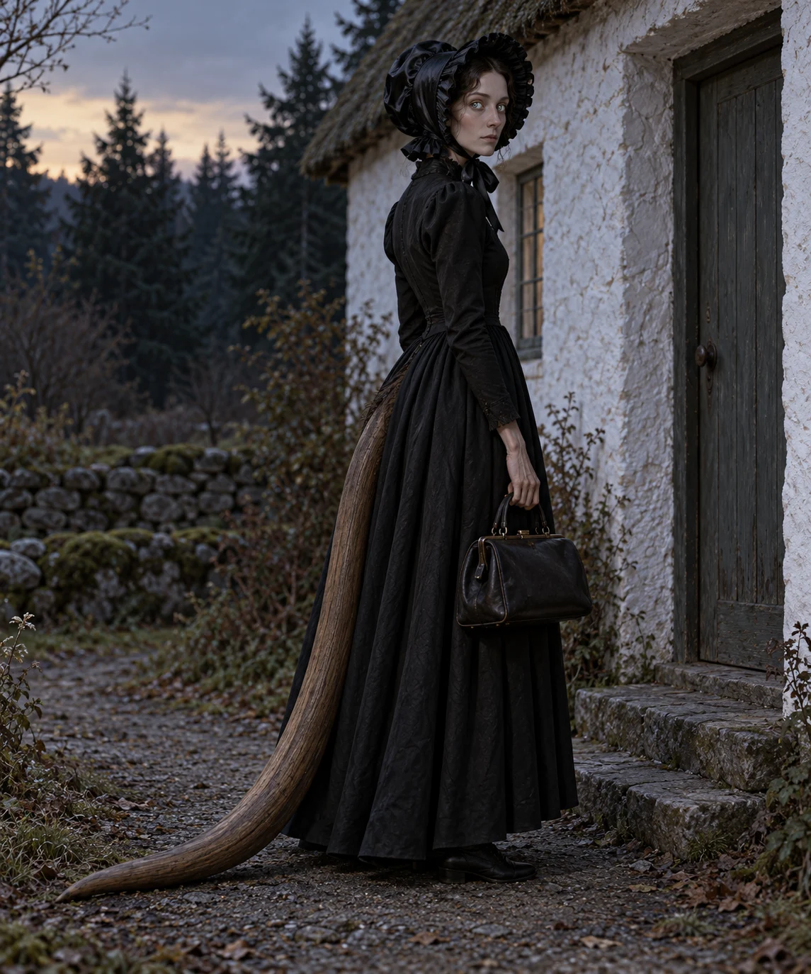 A bonneted figure with two shining glass eyes, a black leather bag and a long wooden tail beside a cottage.
