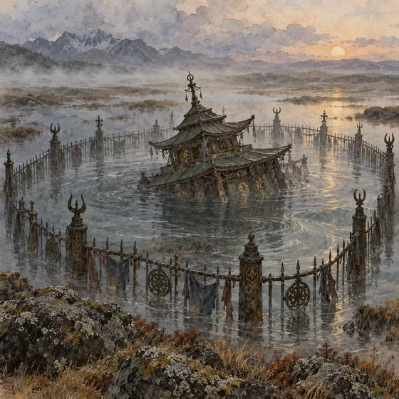 An iron enclosure surrounds a sinking supernatural dwelling.