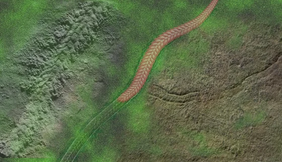 Composite showing a segmented Yilingia fossil at left, an elongated red artistic reconstruction diagonally through the centre, and its sedimentary trace at right.