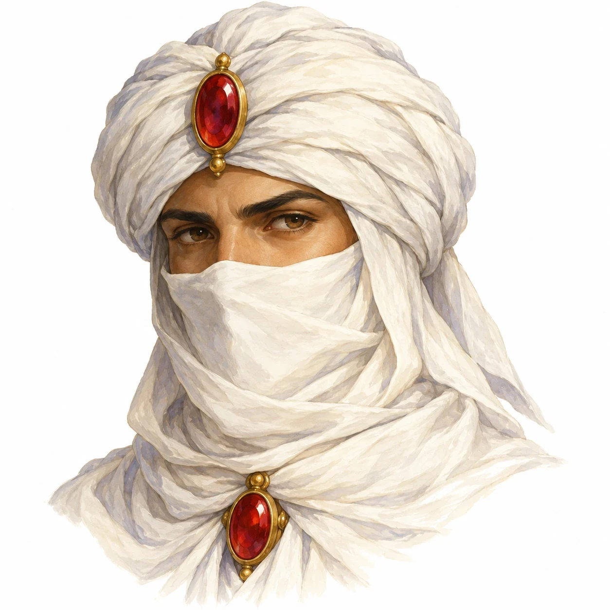 Minwu, publisher illustration interpretation: tan face, dark brows, ivory turban with central red oval gem, ivory face veil and red neck gem.