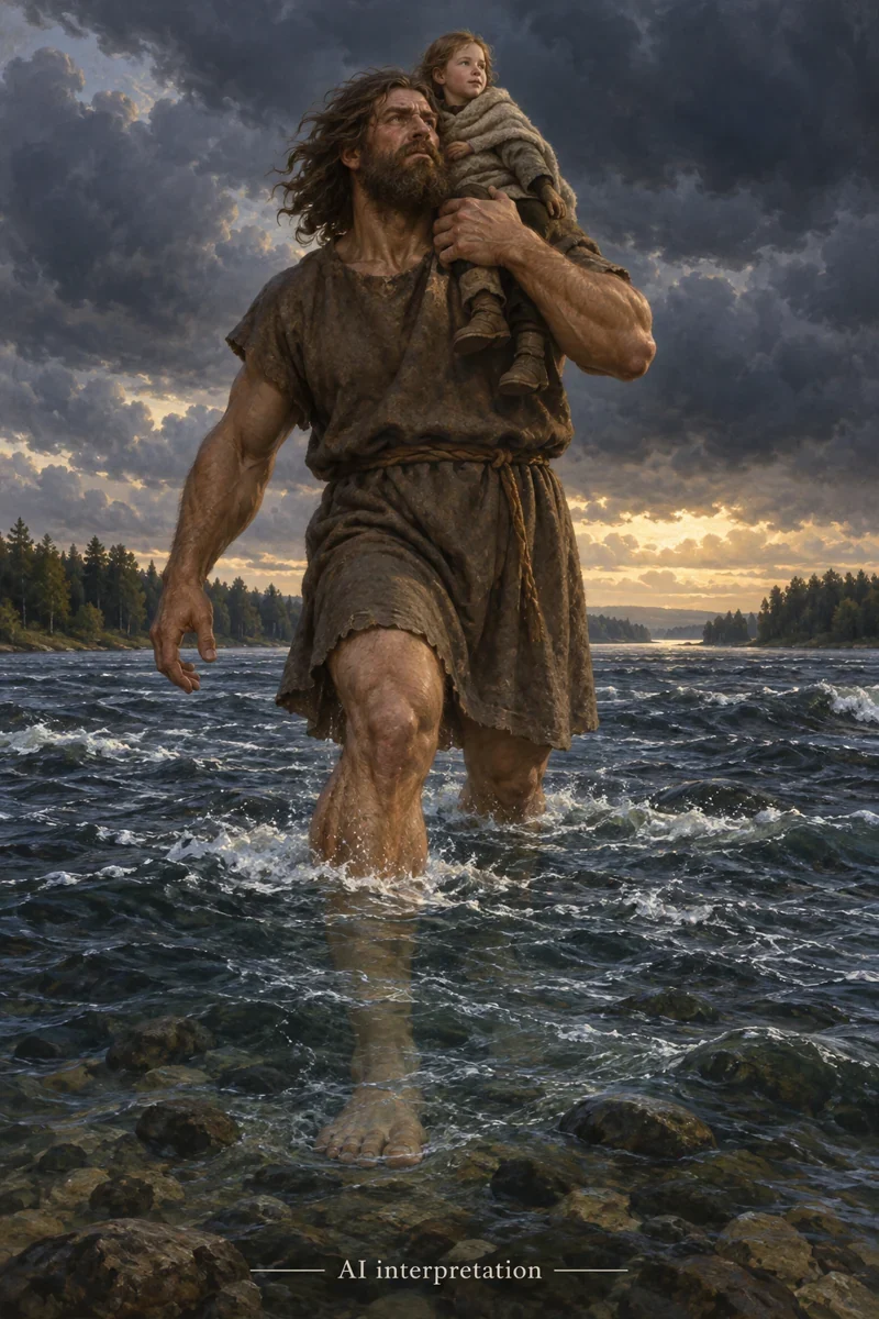 AI interpretation of Kristaps’s river crossing. Giant, clothed child and storm imagined; no museum sculpture copied.