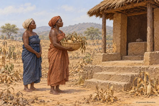 Two imagined female messengers carry a basket of withered produce to a shrine.