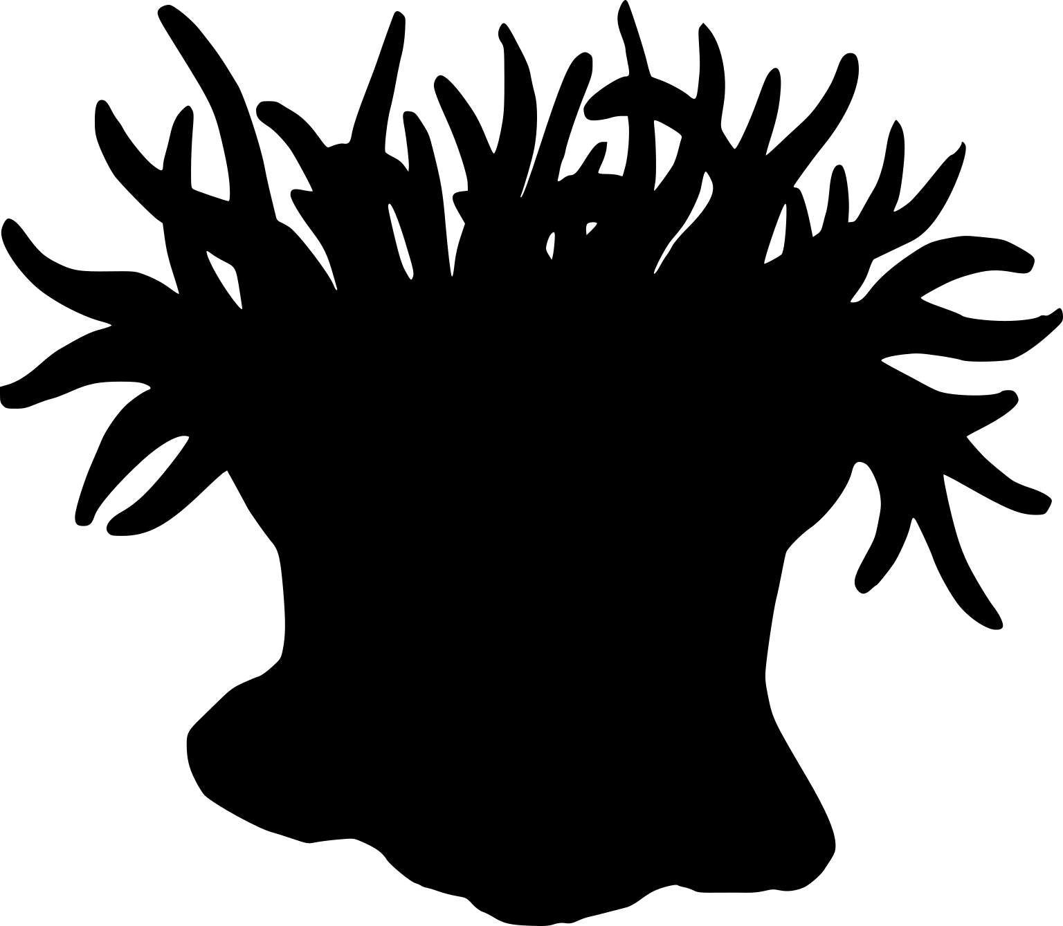 A black side-view silhouette of a sea anemone with a broad base, thick column and many extended tentacles.