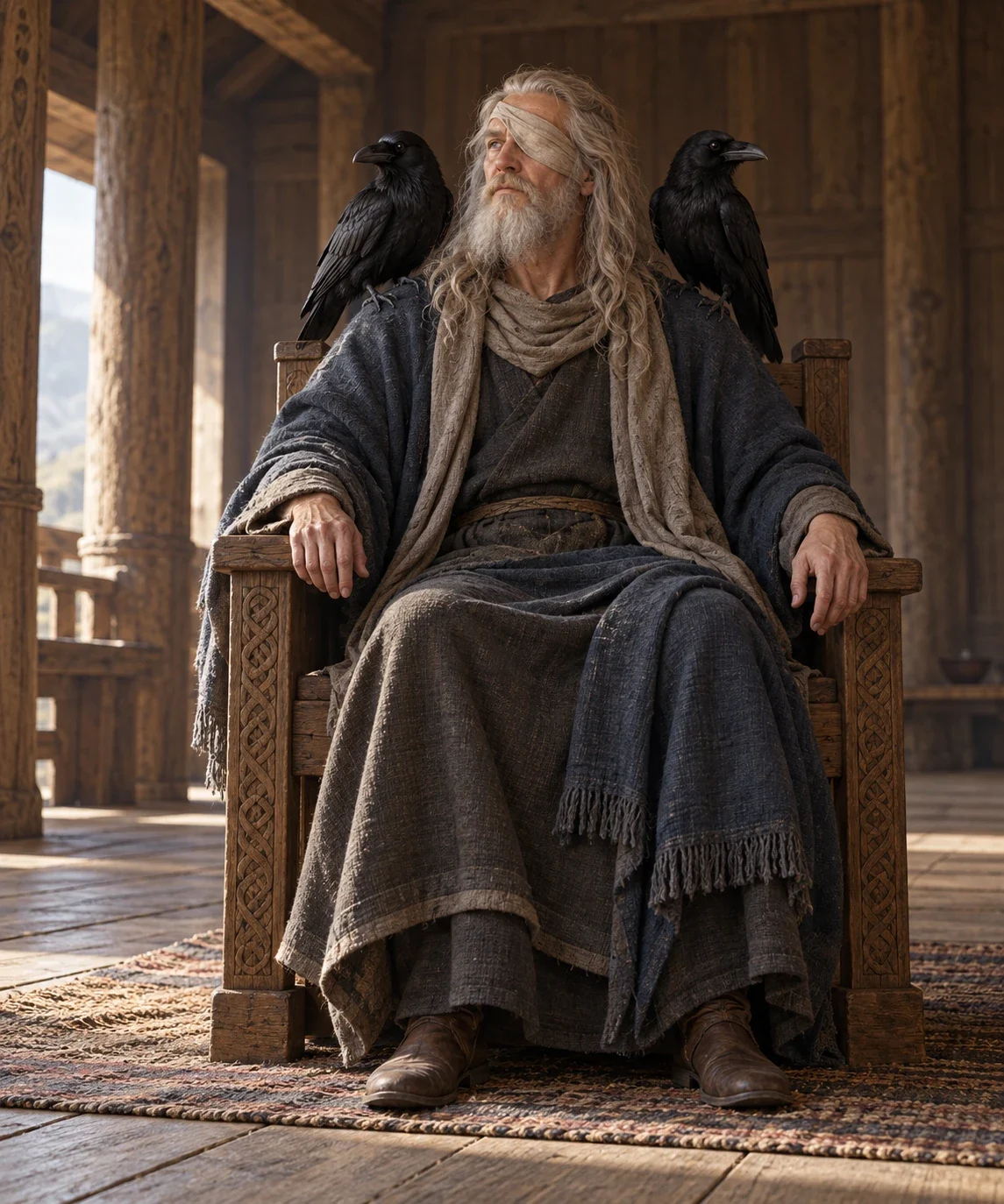 Imagined Odin seated calmly with two ravens, one visible eye and the other discreetly covered