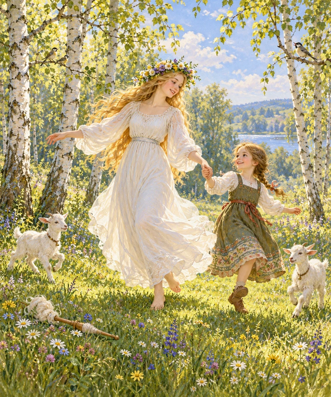 AI-generated wood maiden dancing gently with Betushka beside two goats in a birch grove