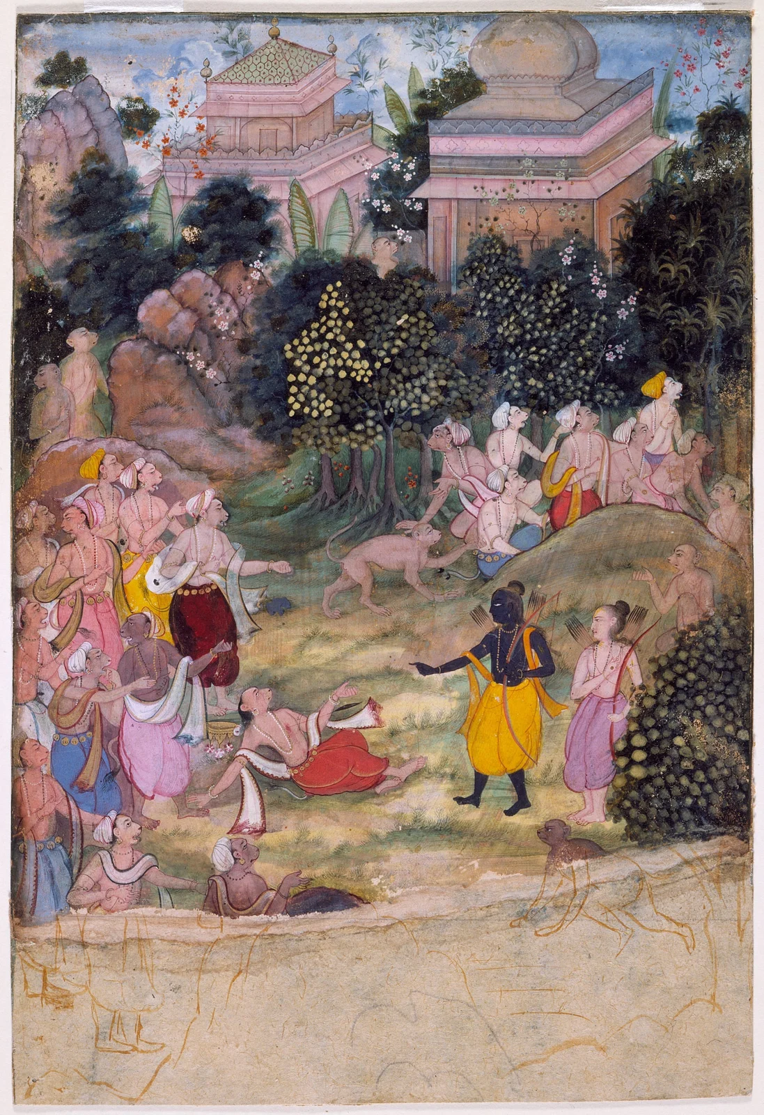 A reclining monkey king in red garments gestures toward dark-blue Rama with a bow, surrounded by distressed monkey courtiers amid trees and pink buildings; the damaged lower margin retains drawn outlines.
