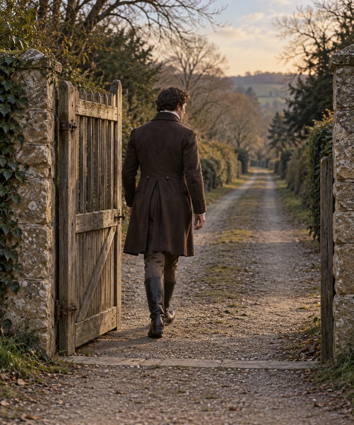 Interpretation of Crowe’s reported human likeness stepping through a wooden gate into an empty lane