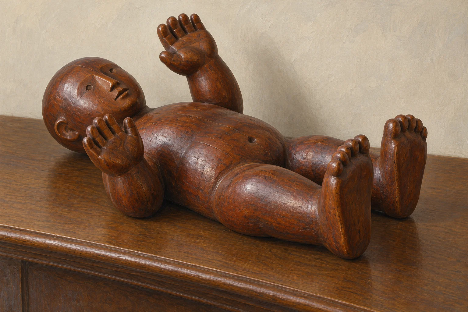 An imagined complete mahogany Chu-bu figure lying on its back with wooden hands and toes raised.