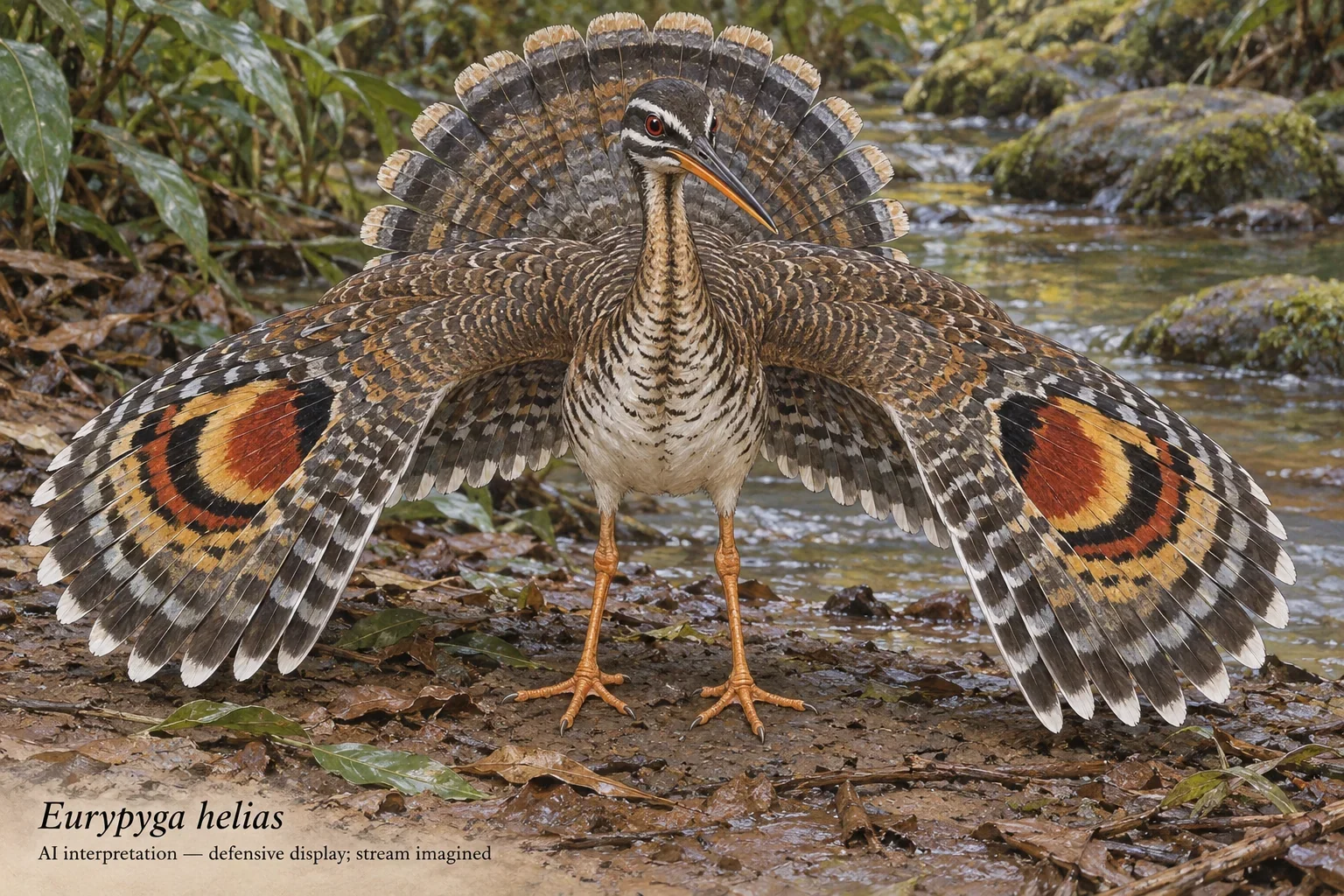 AI whole sunbittern with eye-like patterns on spread wings.