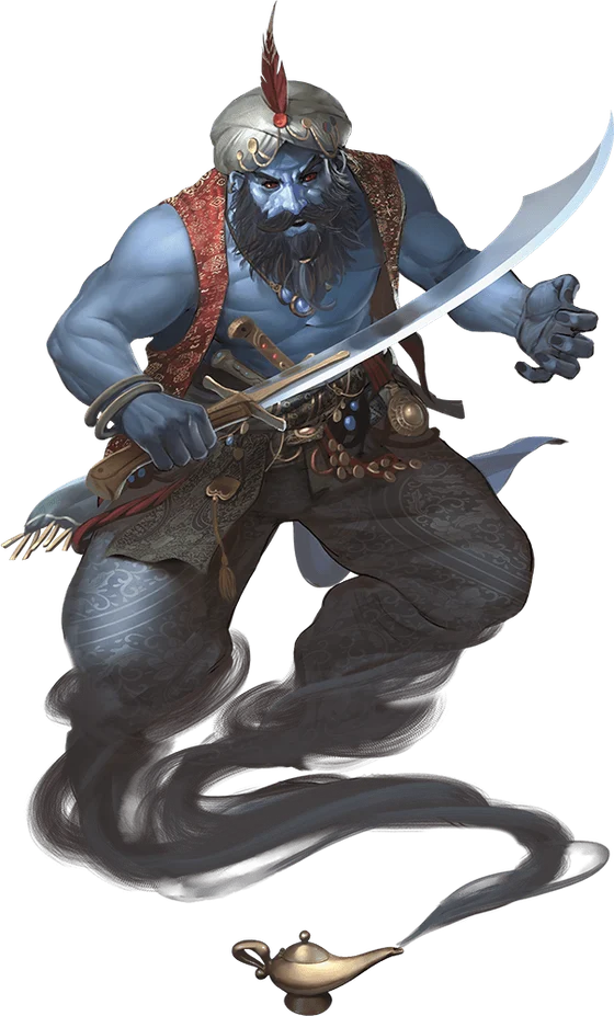 Blue djinni holding a curved sword above a golden lamp.