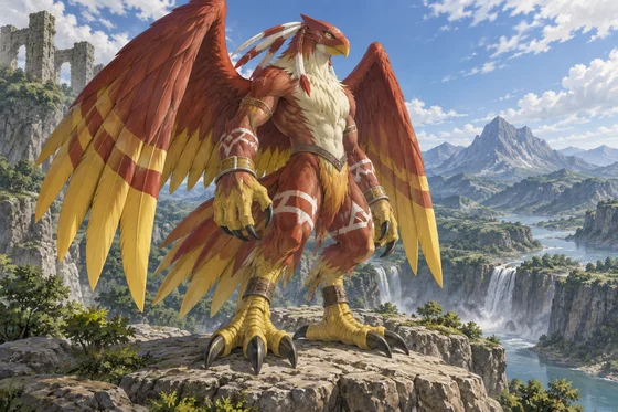 Red feathered humanoid spreads wings beside a waterfall.