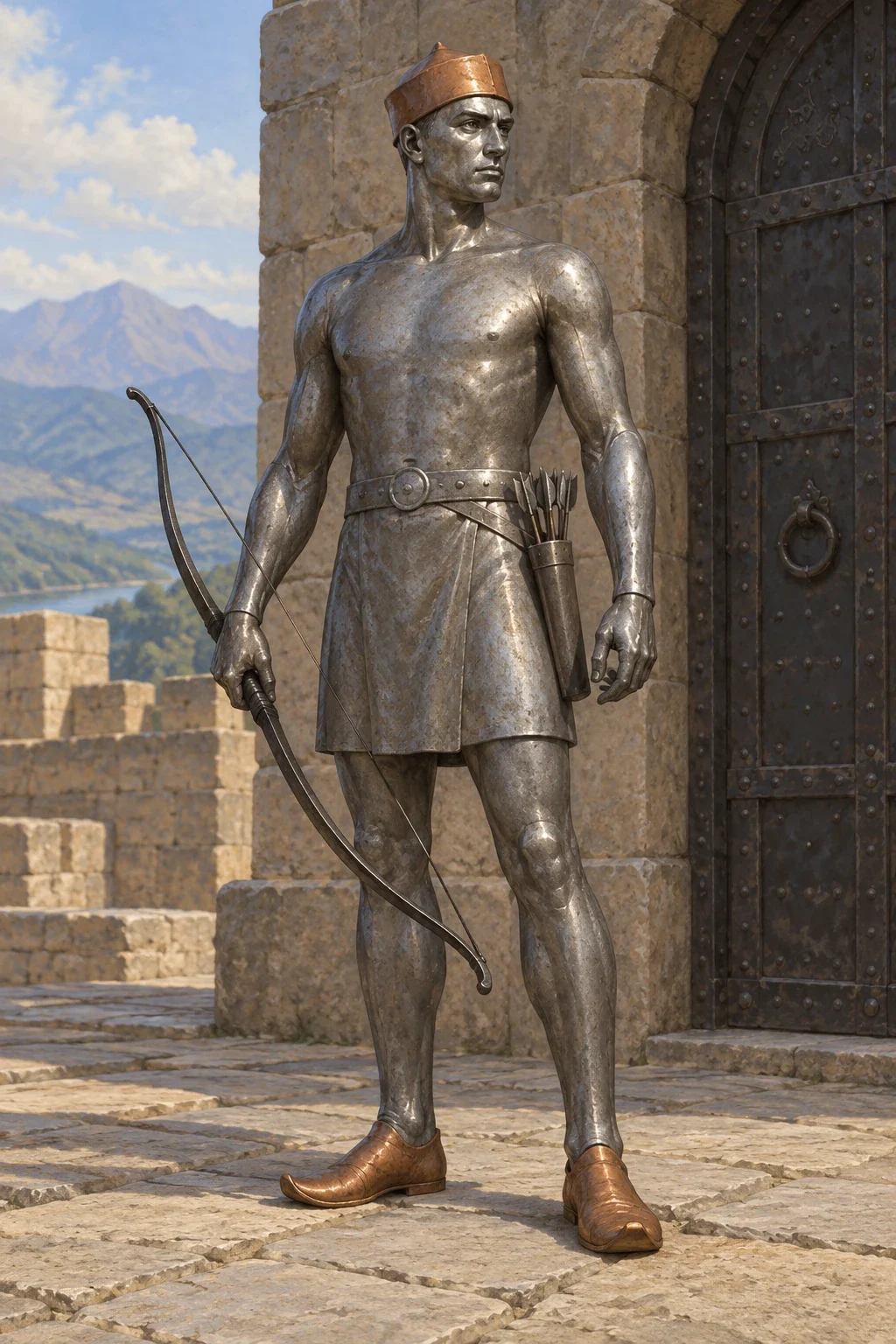 A complete steel-bodied human-shaped figure with copper cap and shoes holds a lowered iron bow