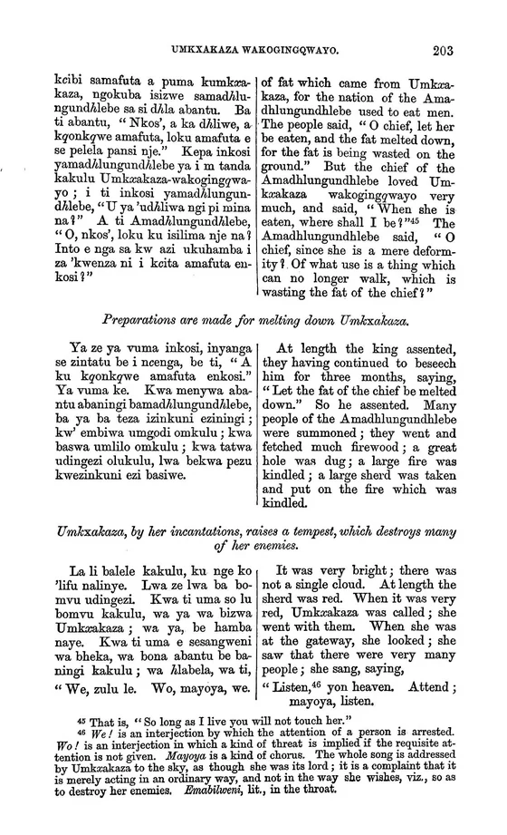 Umkxakaza-wakogingqwayo: documentary text witness, Callaway 1868, printed page 203; documentary source-page facsimile