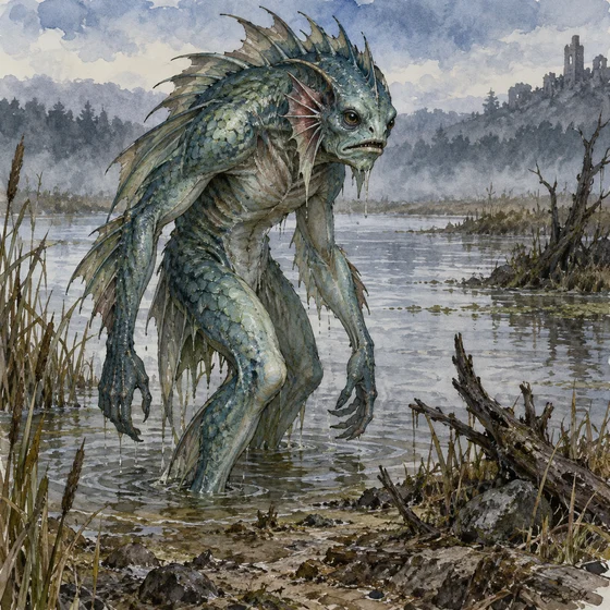 An imagined Wild Hunt Drowner standing beside muddy water.