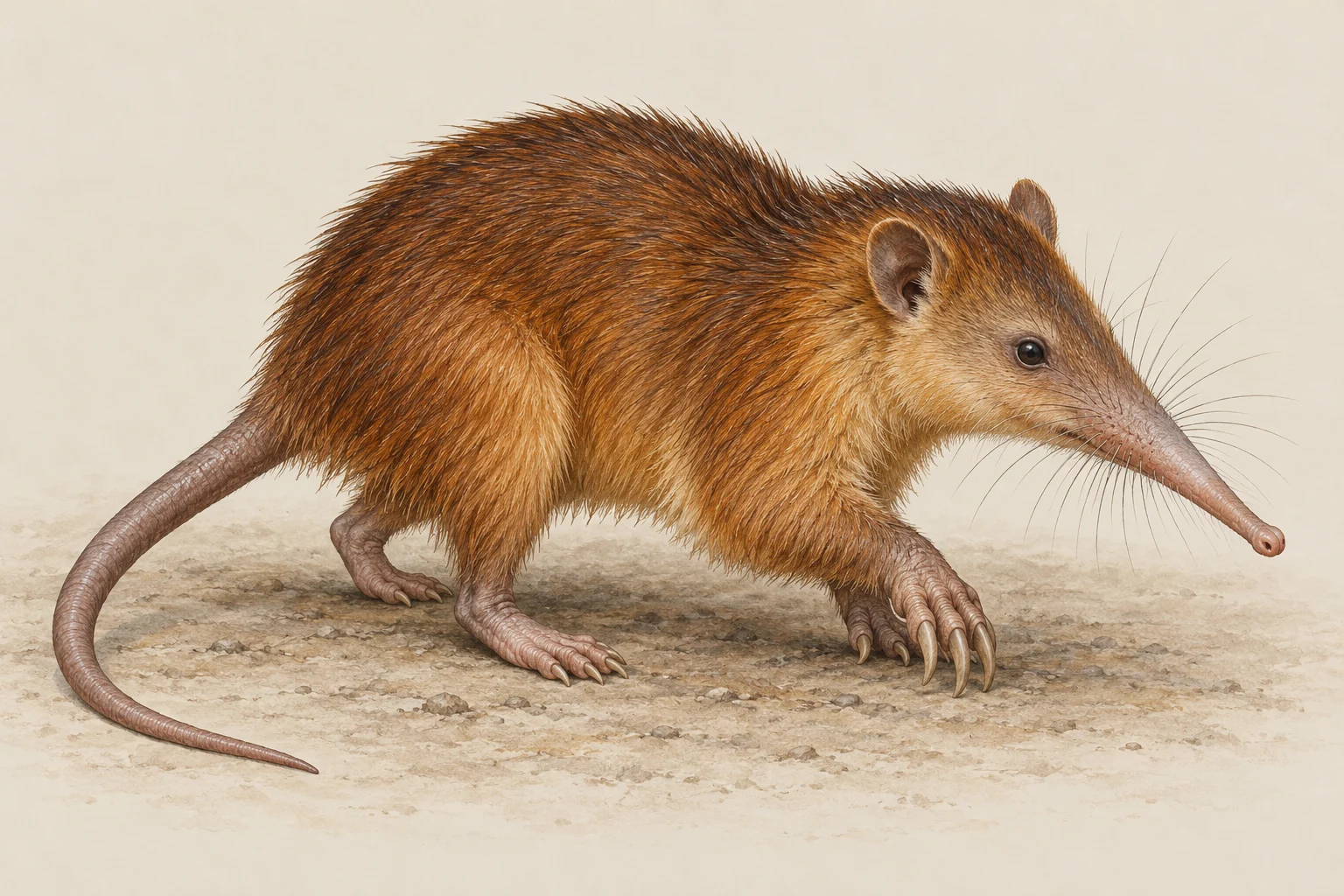 Long-snouted reddish-brown solenodon with bare tail.