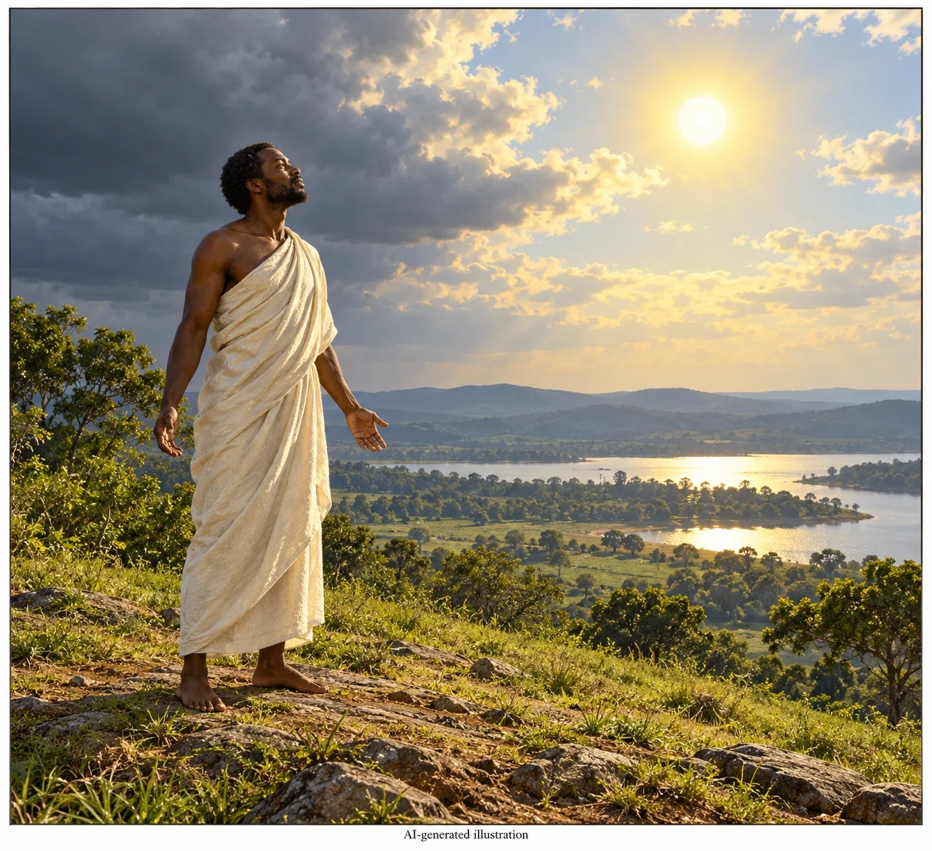 An imagined human representation of Wanga beneath returning sunlight.