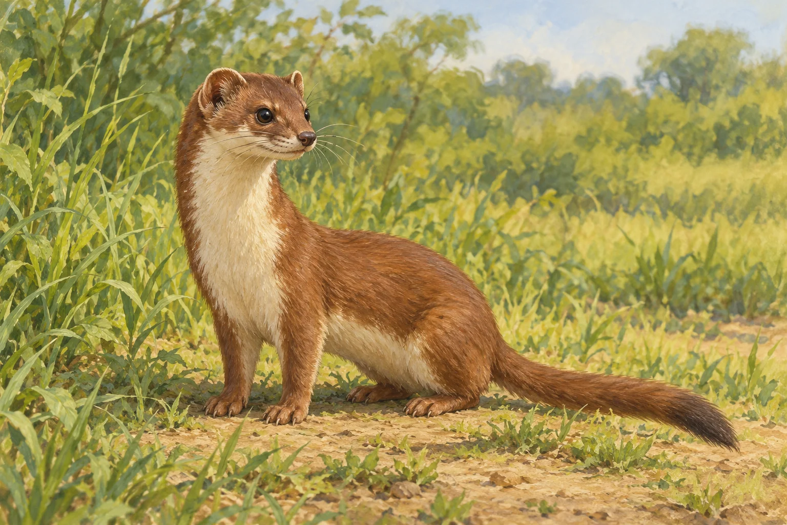 Complete imagined weasel-like animal with four visible paws and a full tail.