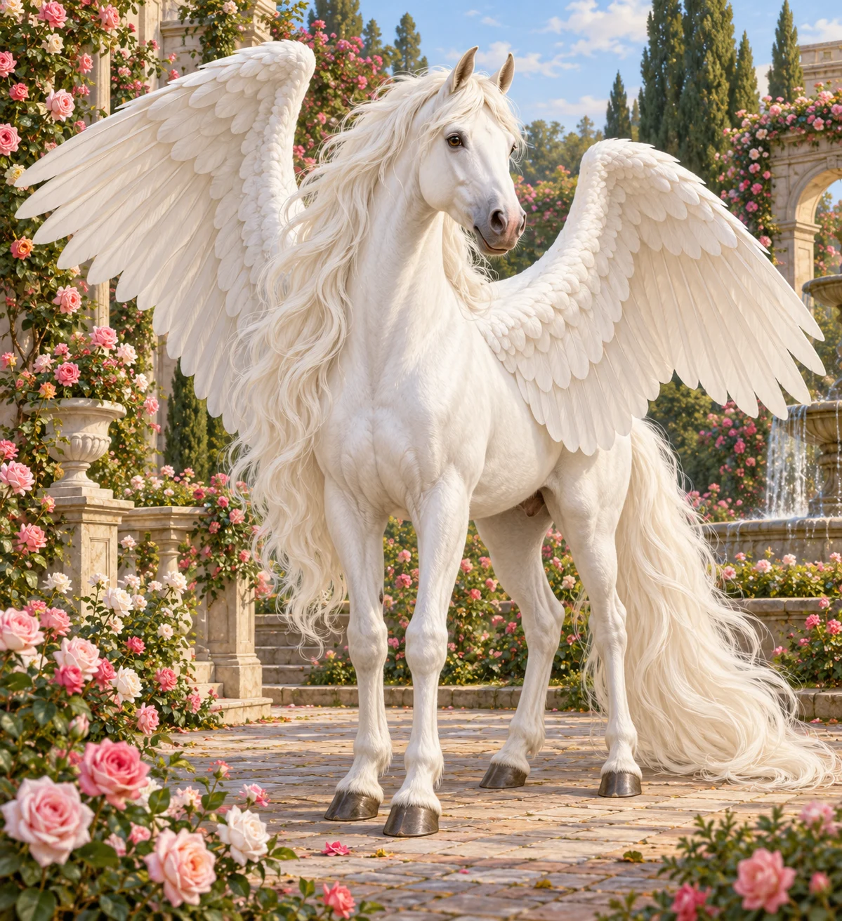 A white horse with long white mane and tail and large swan-like wings stands among roses.