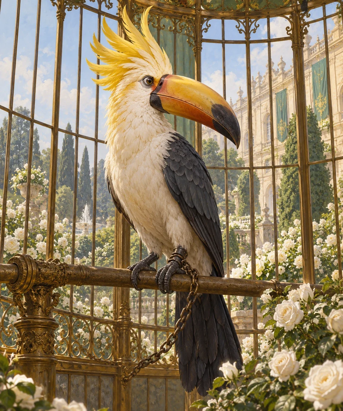Original AI interpretation of the intact Cockatoucan, yellow-crested and large-billed, perched in a rose-garden cage.