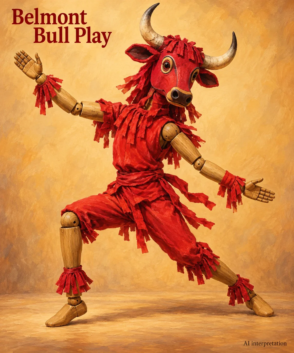 A jointed mannequin in red dances beneath a horned bull headdress.