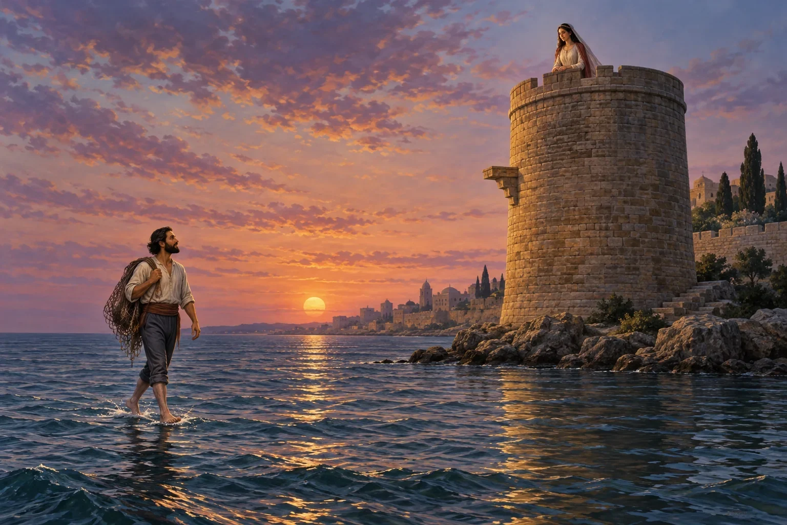 AI imagined fisherman walking on water beside the Maiden Tower.