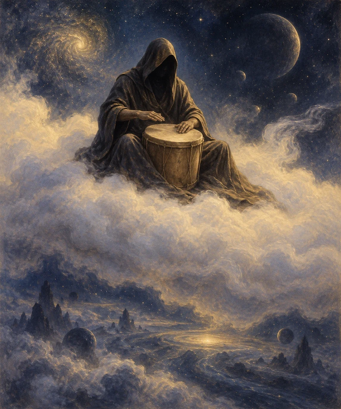 Modern AI interpretation of Skarl seated upon mist, beating a drum. Body, cloak, instrument construction, colours and cosmic setting are imagined, not a canonical portrait or historical religious evidence.