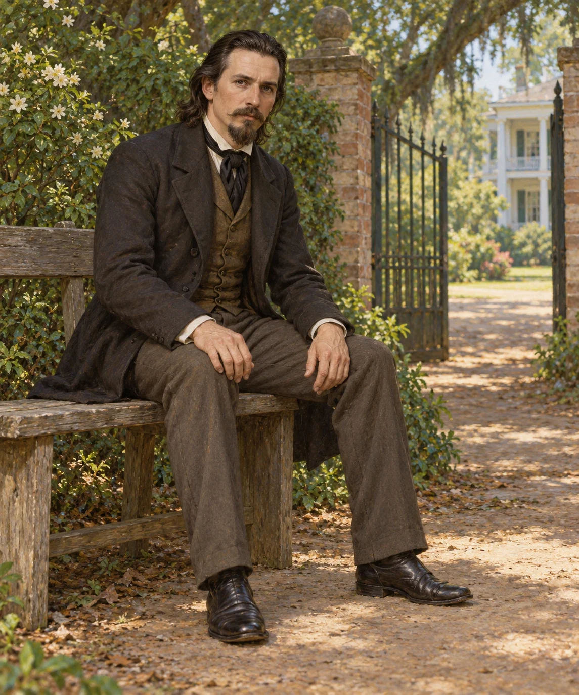 AI literary interpretation of Peyton Farquhar in civilian frock coat, seated near a gate before the events at Owl Creek bridge.
