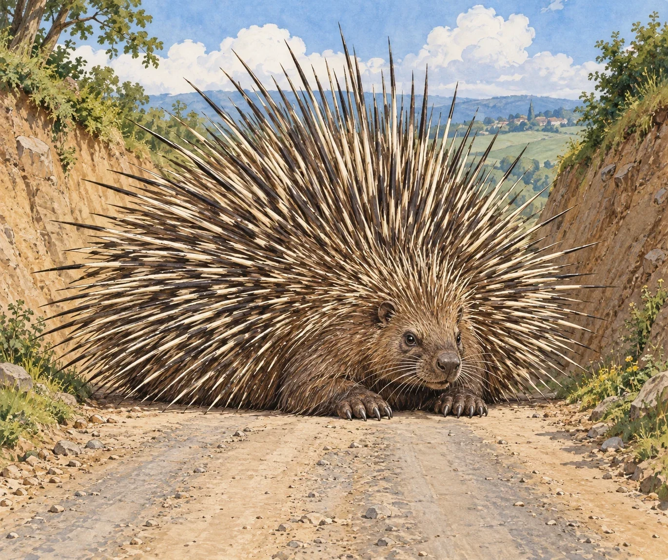 Unofficial AI interpretation of Baum’s Chiss blocking a road before firing its quills. Porcupine-like face, feet, colour, lighting and terrain are imagined; the book describes its huge body and arrow-like quill spread.