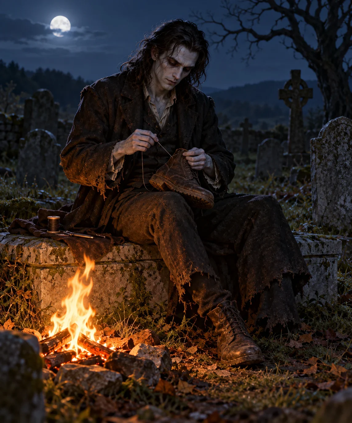 Revenant sews a boot beside a graveyard fire.