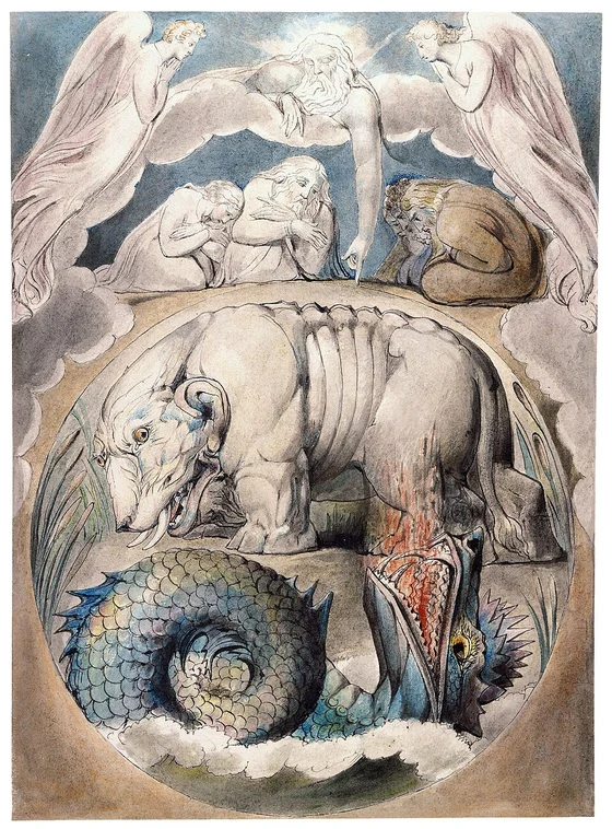 William Blake illustration of biblical Behemoth and Leviathan
