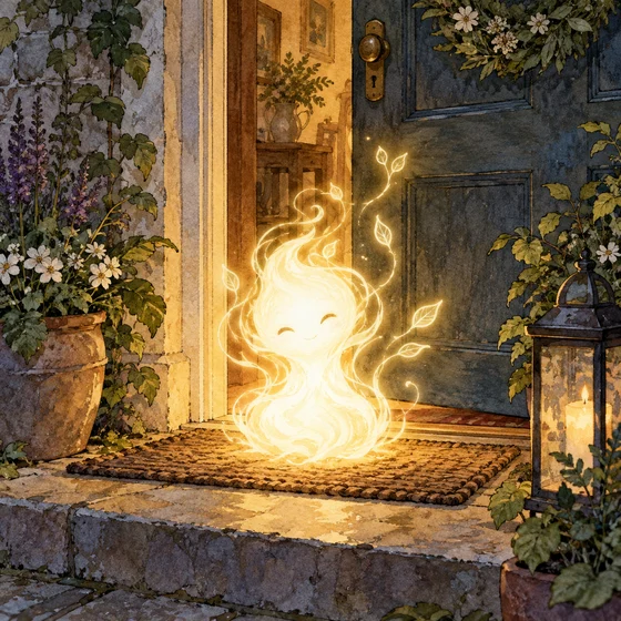 An imagined protective Lubberkin spirit-light at a household threshold, the transformed Botchling episode.