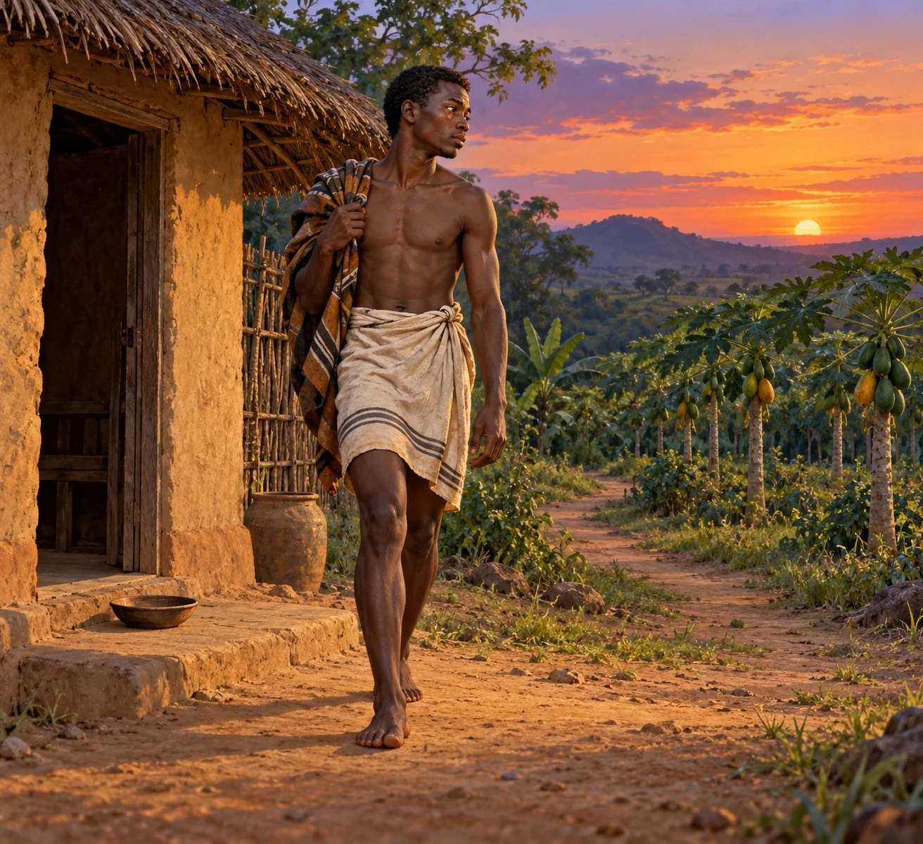 AI-generated Kwofi walking from a household toward paw-paw plants at evening, with an empty bowl near the doorway