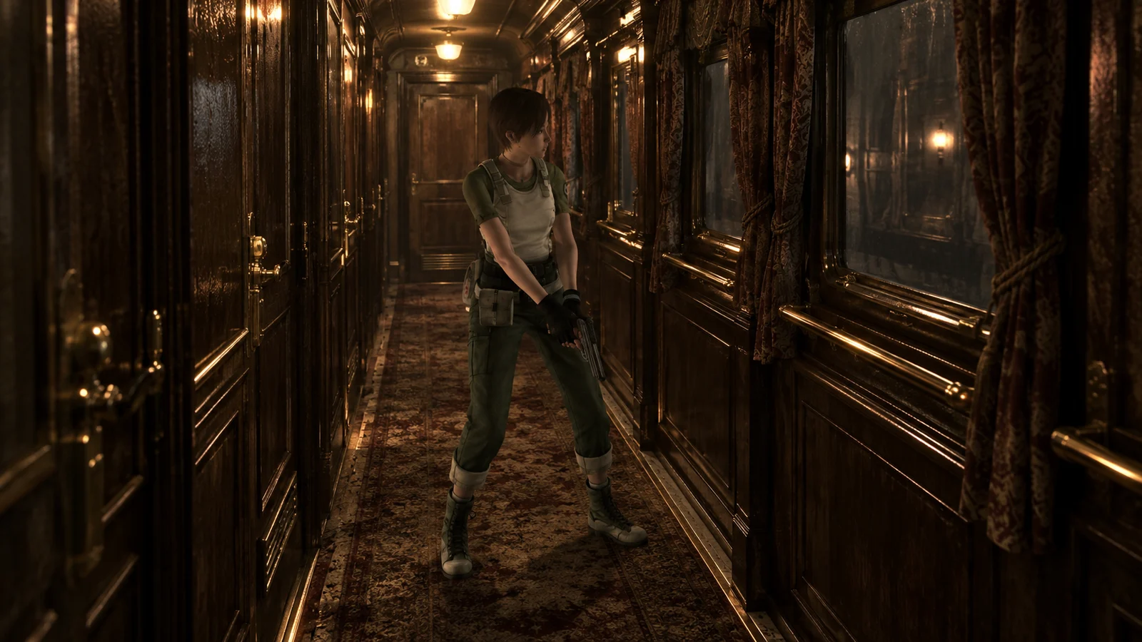 Rebecca holding a handgun.