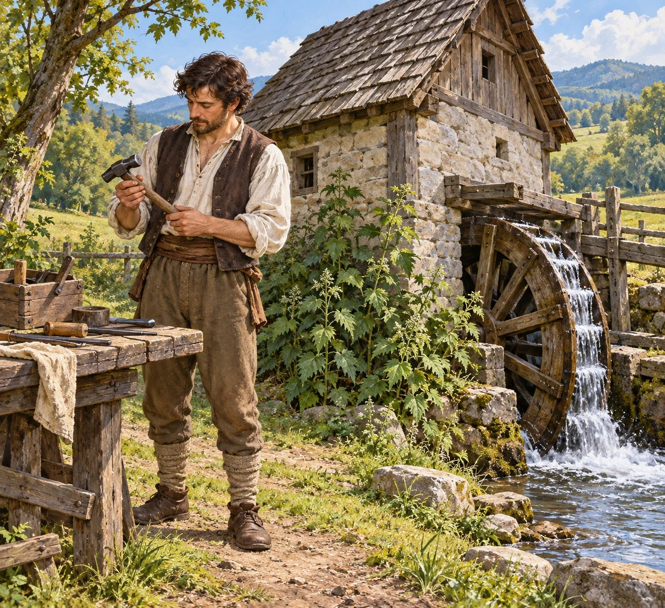 AI-generated human miller later called Prince Csihan examining a tool beside a nettle-covered watermill