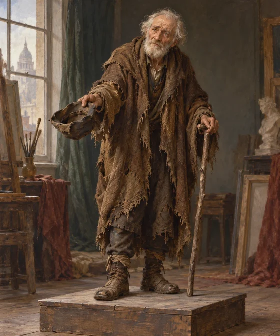 Original AI interpretation of Baron Hausberg posing in borrowed beggar costume with a rough stick and battered hat.